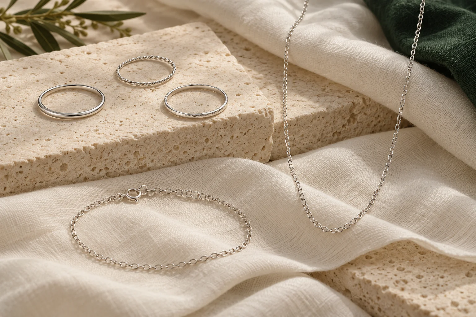Delicate silver-colored rings, chains and a bracelet.