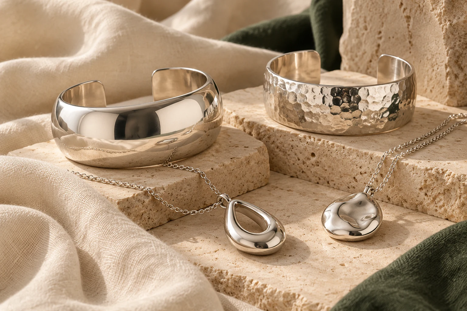 Silver-colored open cuffs and pendants on stone.