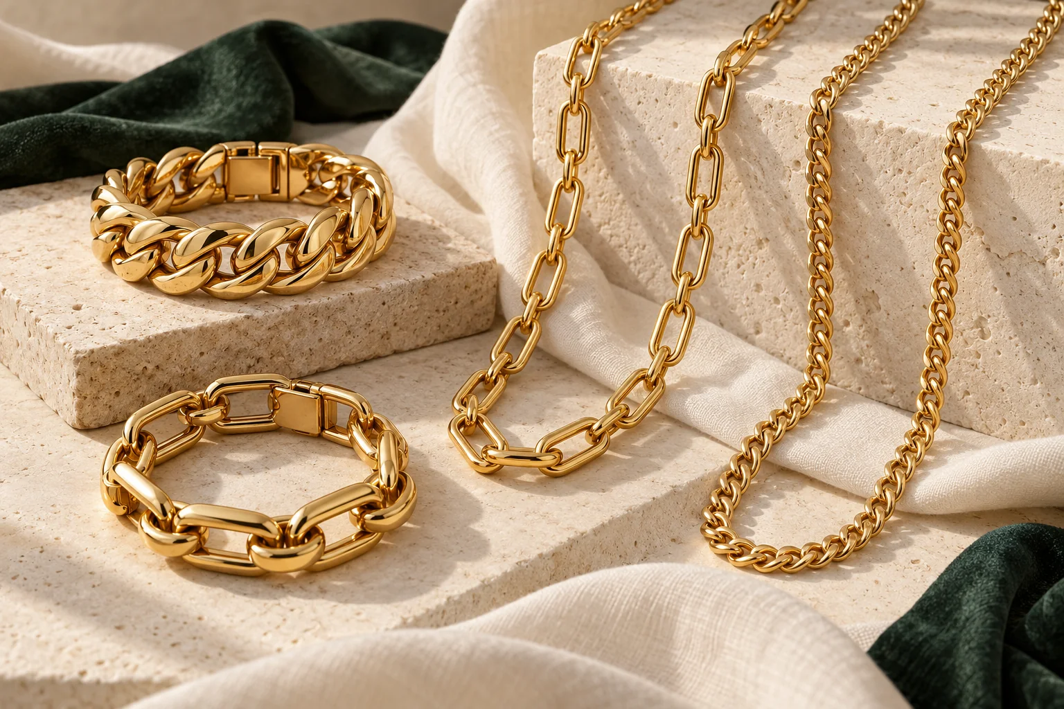 Gold-colored chains and bracelets on stone.
