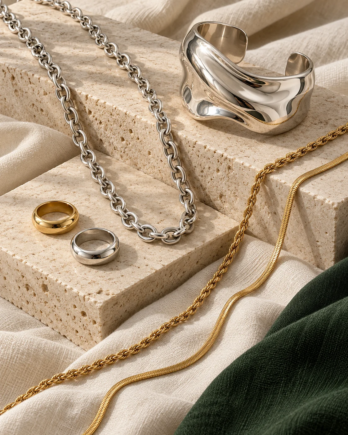 Silver-colored and gold-colored jewelry on warm-toned stone.