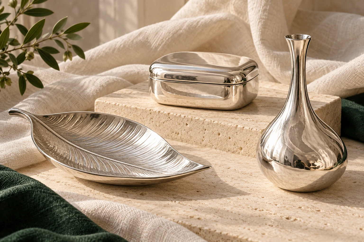 Silver-colored leaf-shaped tray, lidded box and vase.